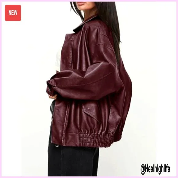 Oversized Faux Leather Motorcycle Jacket, Zip Up Winter Coat, Women's Outerwear - Picture 3 of 7